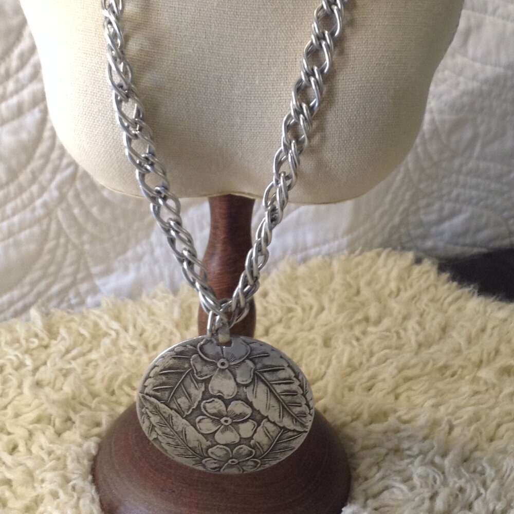 VTG Aluminum Emerson Floral Pendant MCM Modern Post War Jewelry Collectible Chic - Picture 2 of 4
